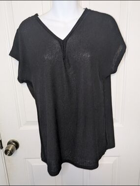 F&F Black Knit V-Neck Top T-Shirt Short Sleeve Loose Fit Women's Size 10